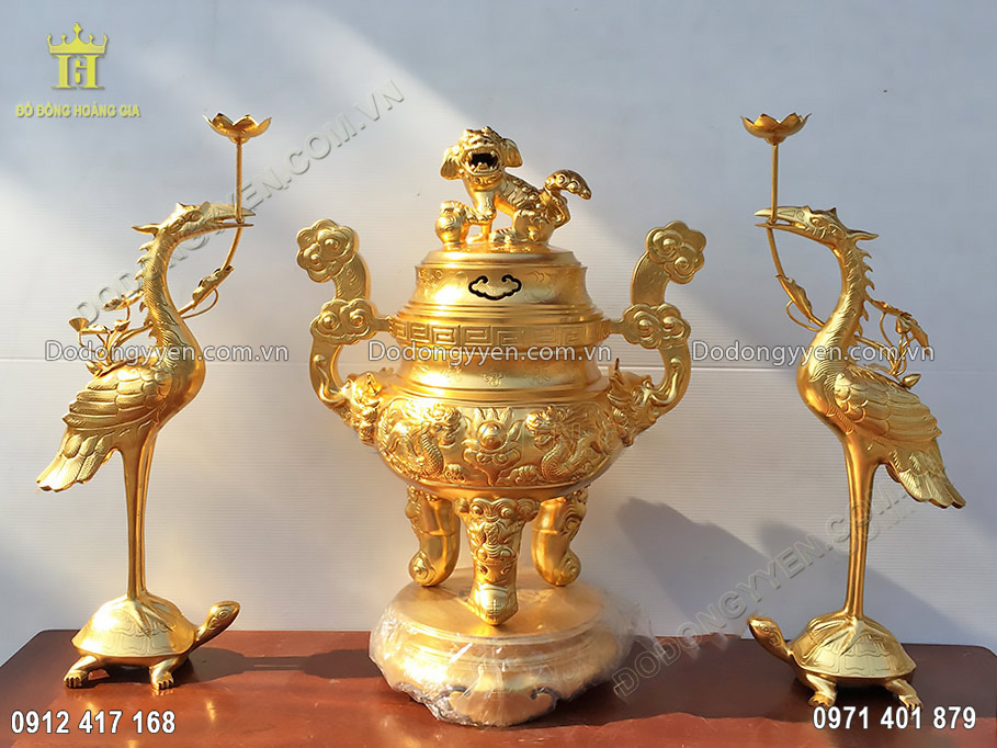 Bộ tam sự đỉnh hạc bằng đồng d&aacute;t v&agrave;ng 24K cao cấp